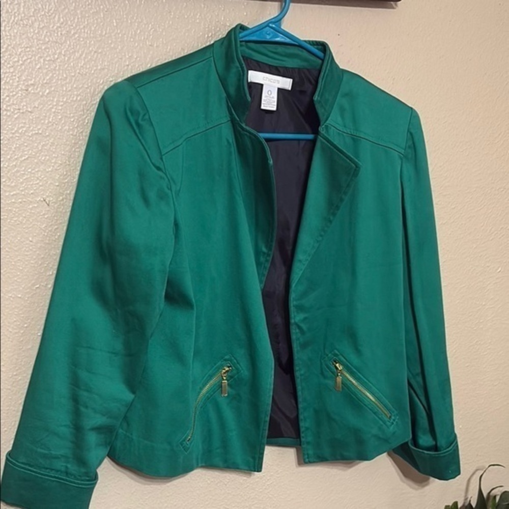 Chico's Teal Blazer with Gold Zipper Details